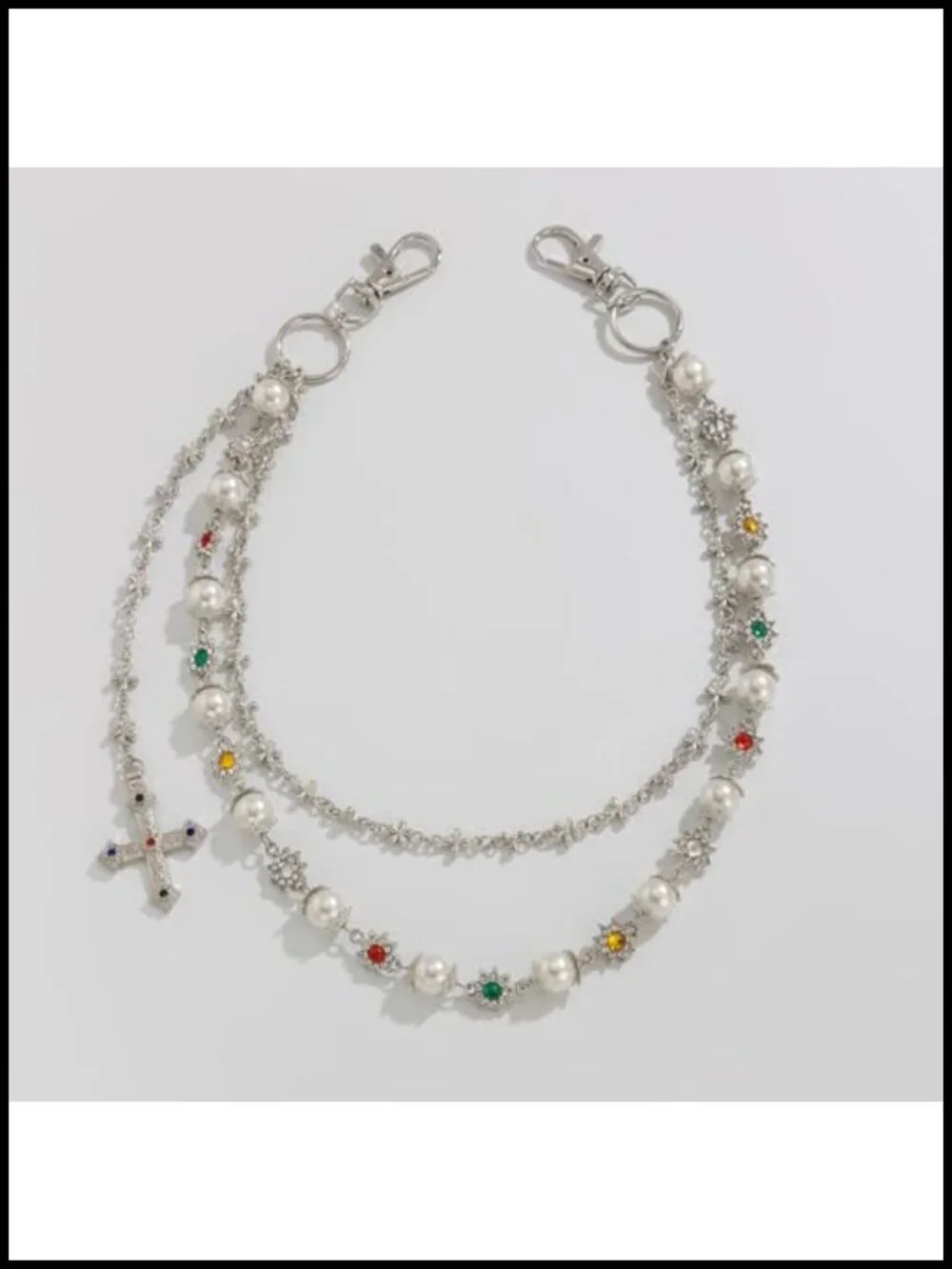 Layered Wallet Chain with Rhinestone Flower Pearl Accents